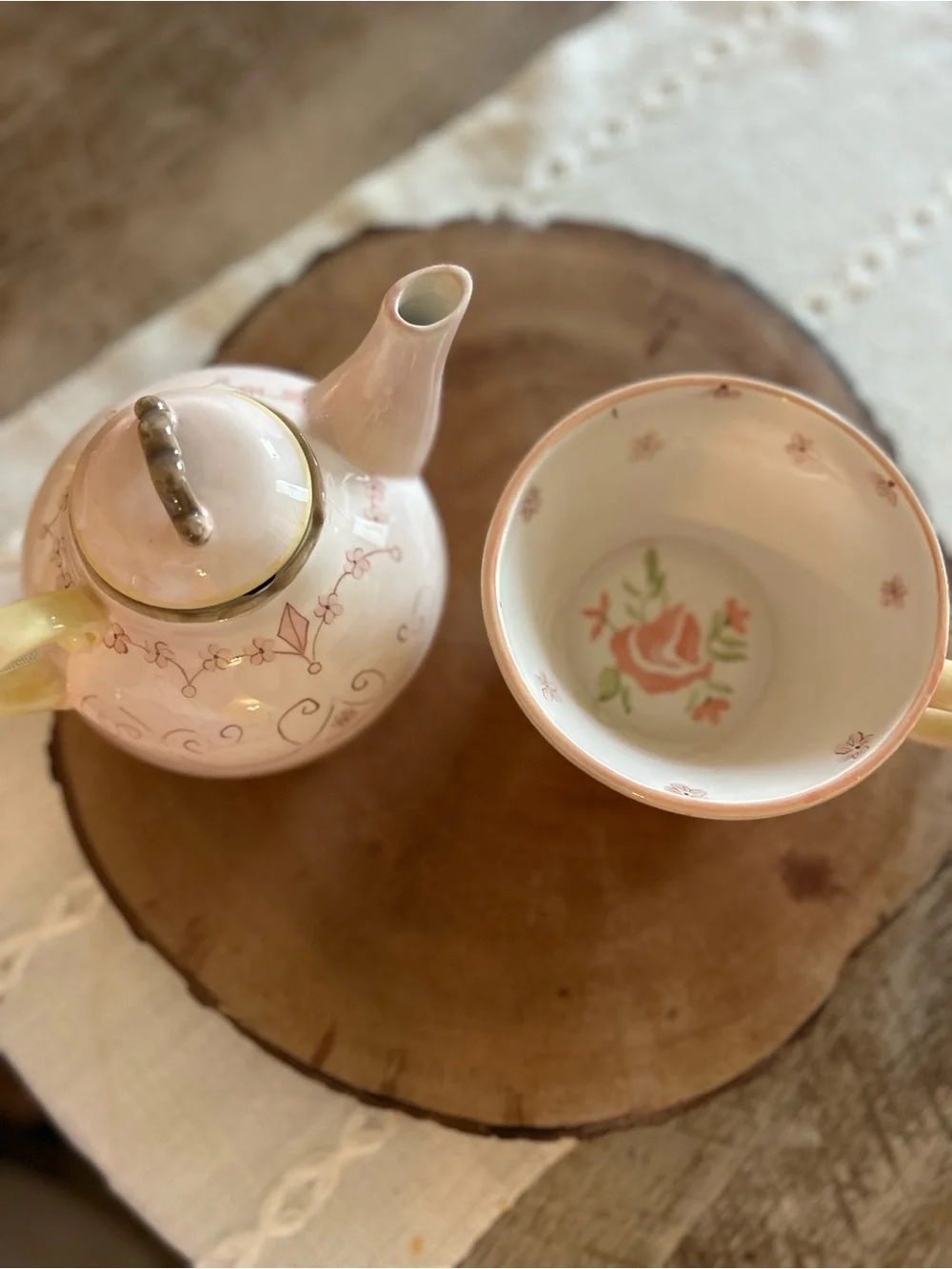 Vintage Fairy Pink Floral Porcelain Teapot and Cup Set With Handmade Design